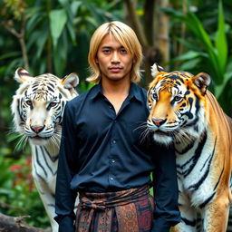 A handsome Indonesian man with shoulder-length blonde hair, wearing a long black shirt and a batik sarong