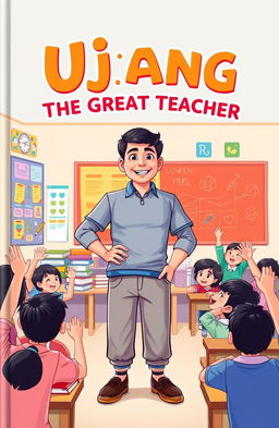 A vibrant book cover design for a fictional book titled 'Ujang The Great Teacher'