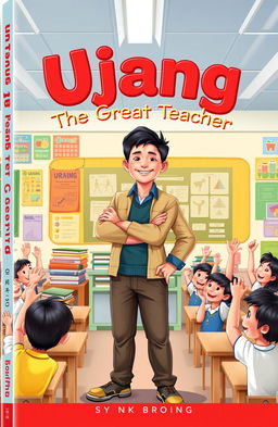 A vibrant book cover design for a fictional book titled 'Ujang The Great Teacher'