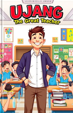 A vibrant book cover design for a fictional book titled 'Ujang The Great Teacher'