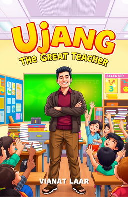 A vibrant book cover design for a fictional book titled 'Ujang The Great Teacher'