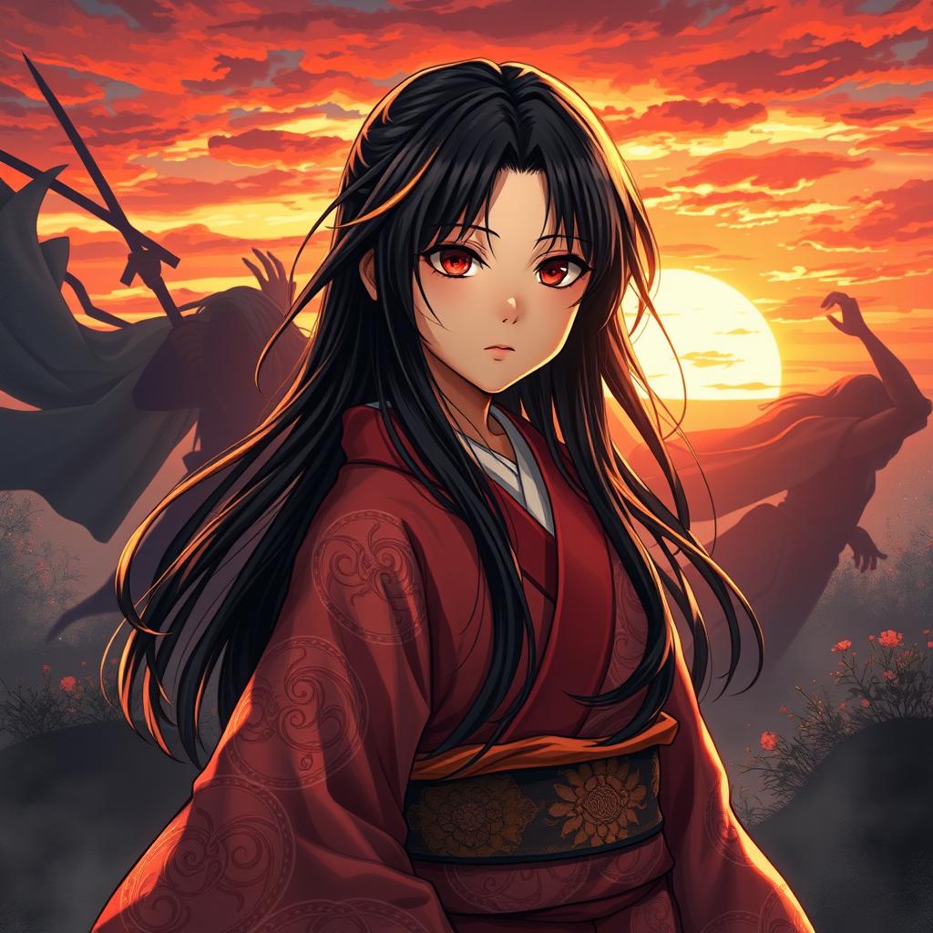 In the foreground, an 18-year-old girl in a traditional Japanese kimono, featuring intricate patterns, with striking red eyes and long black hair adorned with a golden streak