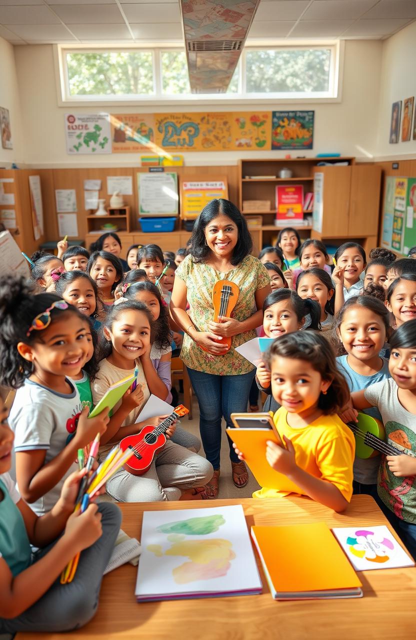 A bright and welcoming classroom filled with cheerful students engaged in creative activities