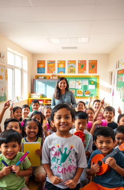 A bright and welcoming classroom filled with cheerful students engaged in creative activities