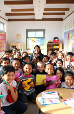 A bright and welcoming classroom filled with cheerful students engaged in creative activities