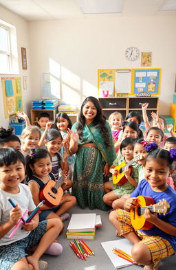 A bright and welcoming classroom filled with cheerful students engaged in creative activities