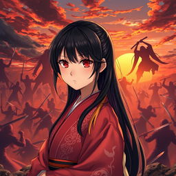 In the foreground, an 18-year-old girl dressed in a traditional Japanese kimono with intricate designs, showcasing her striking red eyes and long black hair highlighted by a golden streak