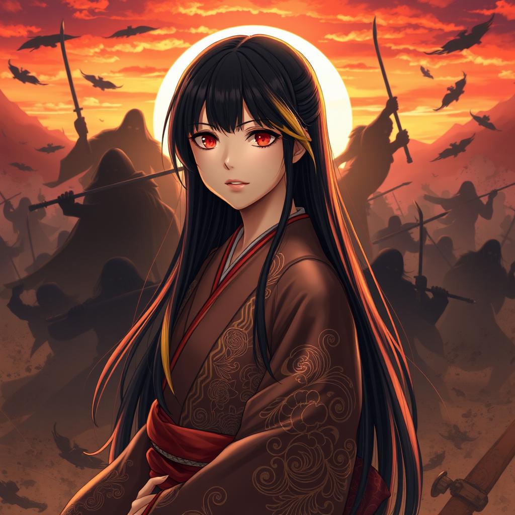 In the foreground, an 18-year-old girl dressed in a traditional Japanese kimono with intricate designs, showcasing her striking red eyes and long black hair highlighted by a golden streak