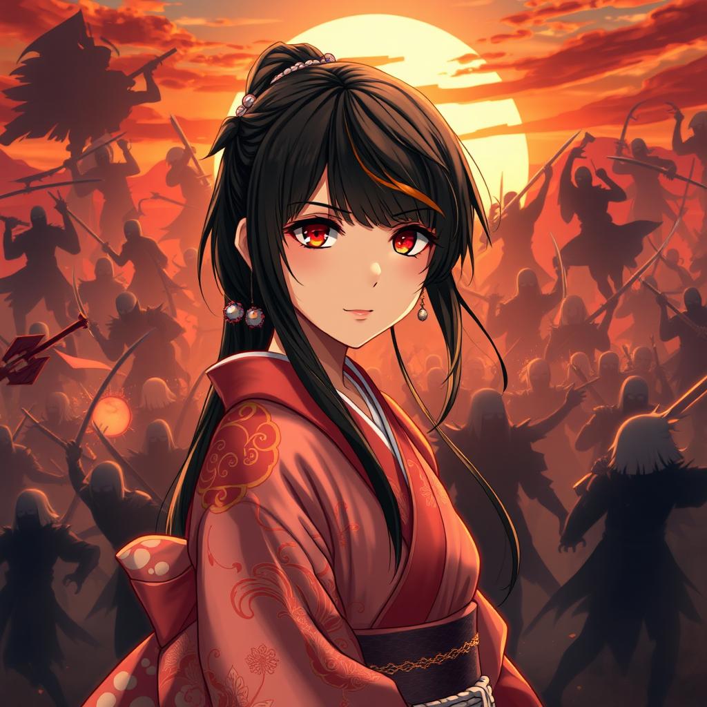 In the foreground, an 18-year-old girl dressed in a traditional Japanese kimono with intricate designs, showcasing her striking red eyes and long black hair highlighted by a golden streak