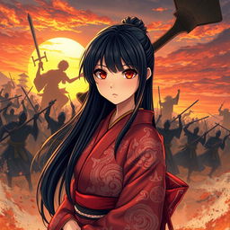 In the foreground, an 18-year-old girl dressed in a traditional Japanese kimono with intricate designs, showcasing her striking red eyes and long black hair highlighted by a golden streak