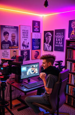 A content creator in a modern home studio, surrounded by high-tech equipment including a desktop with AI software on the screen, a professional camera, and colorful LED lights