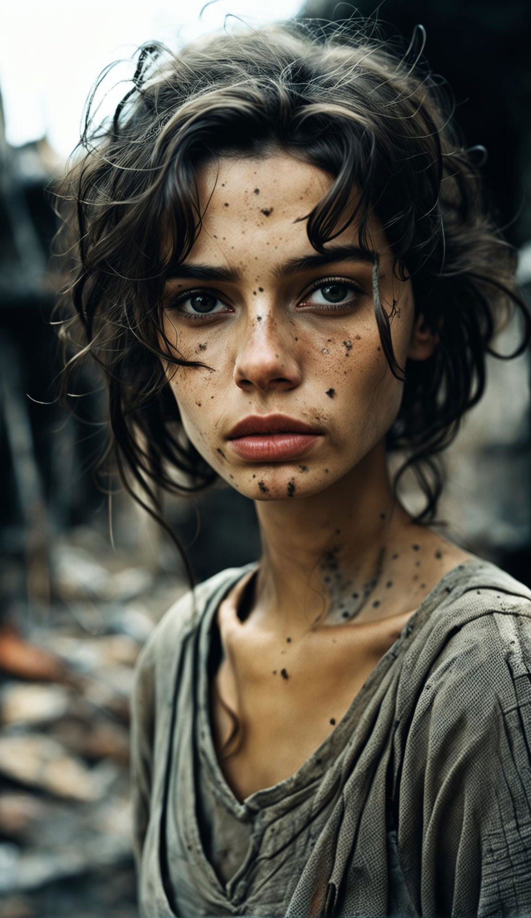 A lifelike 16k resolution photograph of a beautiful yet sad 23-year-old woman with pale hazel green eyes and messy dark hair against a war-torn background. The image is raw and unedited, taken in low light with a focus on her symmetrical face, reminiscent of James Nachtwey's photography.