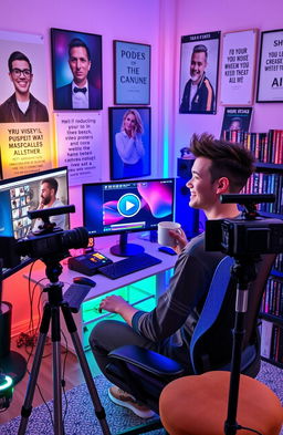 A content creator in a modern home studio, surrounded by high-tech equipment including a desktop with AI software on the screen, a professional camera, and colorful LED lights