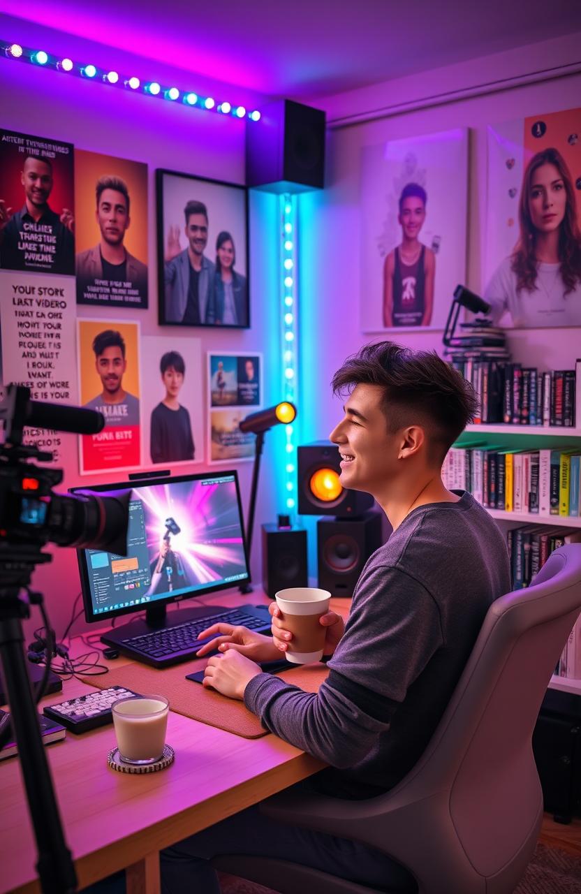 A content creator in a modern home studio, surrounded by high-tech equipment including a desktop with AI software on the screen, a professional camera, and colorful LED lights