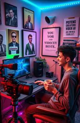 A content creator in a modern home studio, surrounded by high-tech equipment including a desktop with AI software on the screen, a professional camera, and colorful LED lights