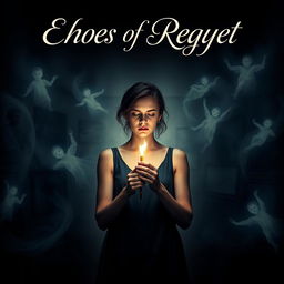 A profound movie poster for 'Echoes of Regret', depicting Clara, a grieving artist, in a dimly lit, atmospheric studio surrounded by her paintings