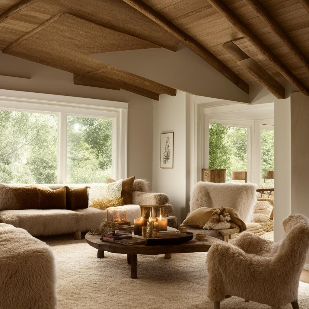 A cozy home design featuring warm tones, plush furniture, and a welcoming atmosphere.