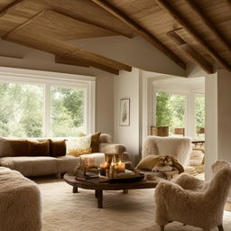 A cozy home design featuring warm tones, plush furniture, and a welcoming atmosphere.