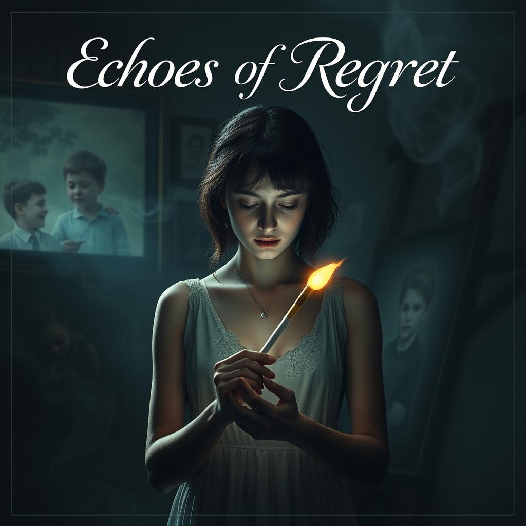 A profound movie poster for 'Echoes of Regret', depicting Clara, a grieving artist, in a dimly lit, atmospheric studio surrounded by her paintings