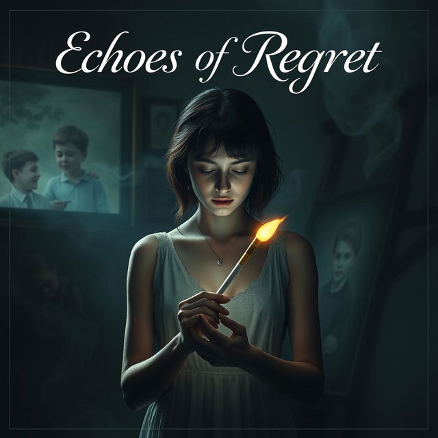 A profound movie poster for 'Echoes of Regret', depicting Clara, a grieving artist, in a dimly lit, atmospheric studio surrounded by her paintings