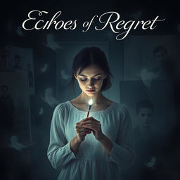 A profound movie poster for 'Echoes of Regret', depicting Clara, a grieving artist, in a dimly lit, atmospheric studio surrounded by her paintings