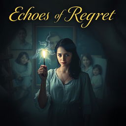 A profound movie poster for 'Echoes of Regret', depicting Clara, a grieving artist, in a dimly lit, atmospheric studio surrounded by her paintings