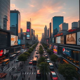 An expansive urban city view showcasing a bustling skyline filled with modern skyscrapers, vibrant billboards, and busy streets