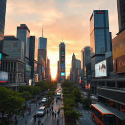 An expansive urban city view showcasing a bustling skyline filled with modern skyscrapers, vibrant billboards, and busy streets