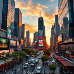 An expansive urban city view showcasing a bustling skyline filled with modern skyscrapers, vibrant billboards, and busy streets