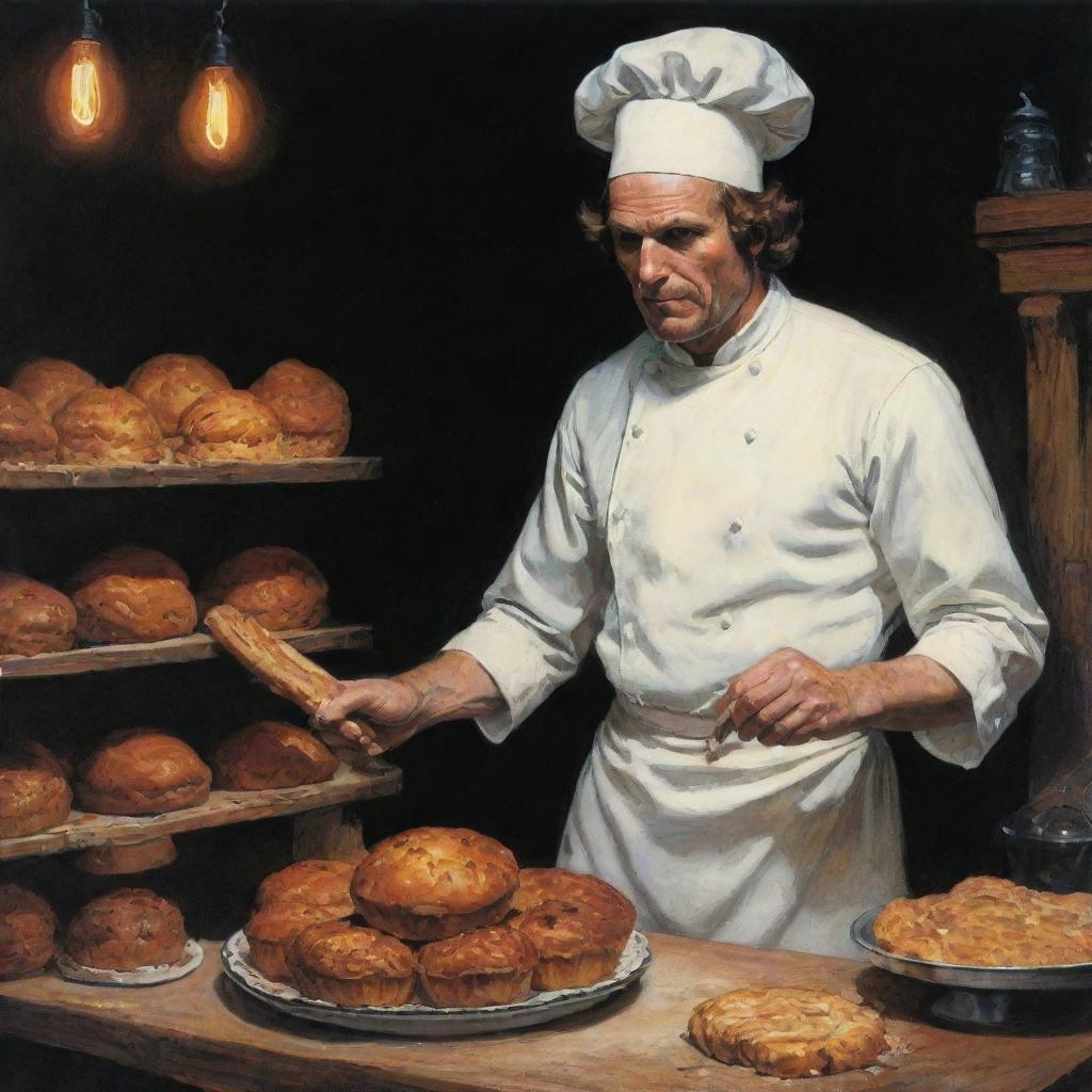 A 1970s dark fantasy artwork featuring a baker