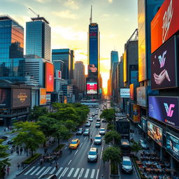 An expansive urban city view showcasing a bustling skyline filled with modern skyscrapers, vibrant billboards, and busy streets