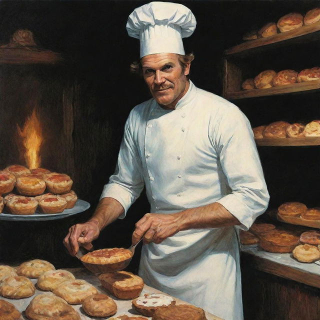 A 1970s dark fantasy artwork featuring a baker