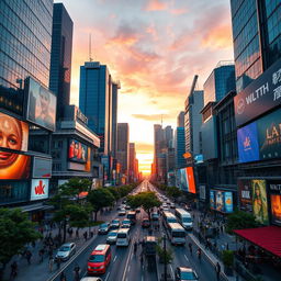 An expansive urban city view showcasing a bustling skyline filled with modern skyscrapers, vibrant billboards, and busy streets