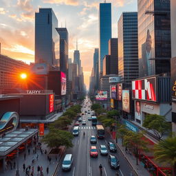 An expansive urban city view showcasing a bustling skyline filled with modern skyscrapers, vibrant billboards, and busy streets