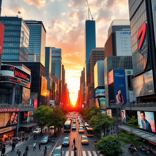 An expansive urban city view showcasing a bustling skyline filled with modern skyscrapers, vibrant billboards, and busy streets