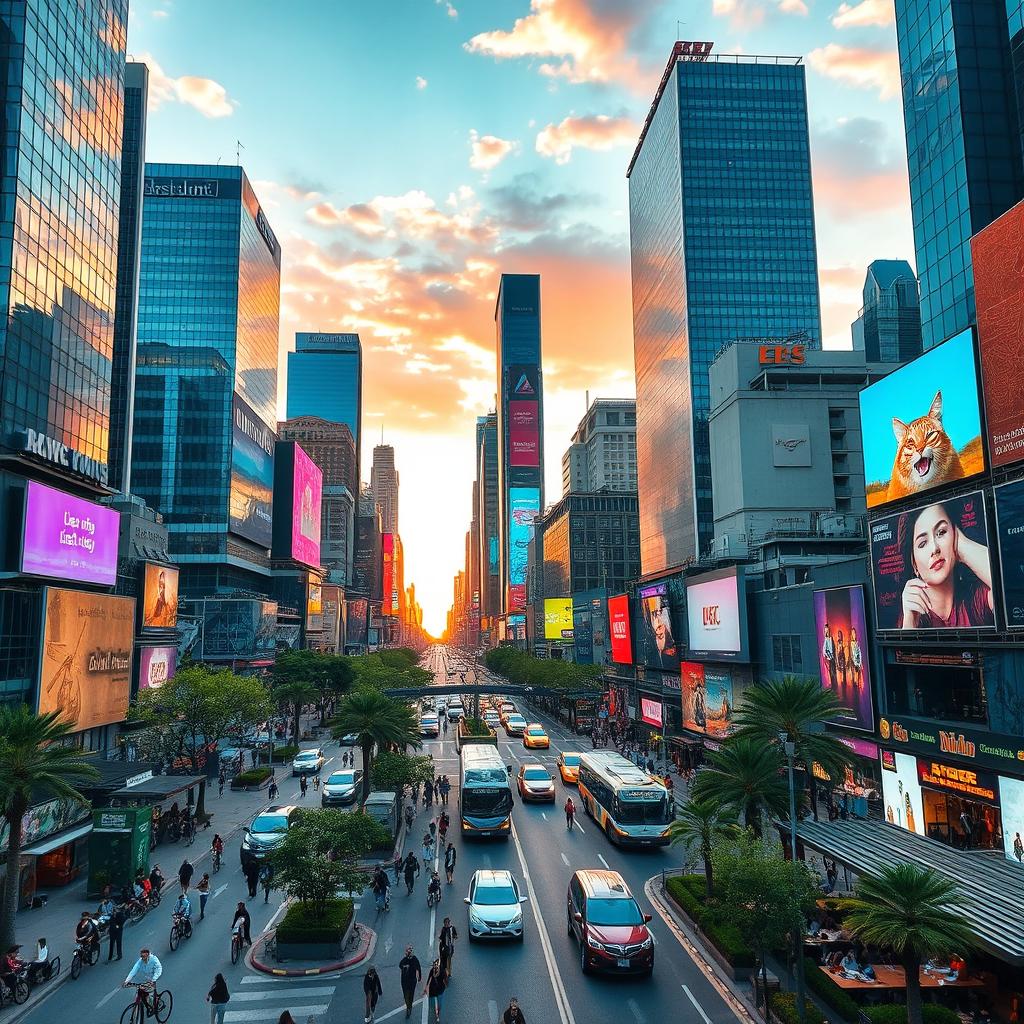 An expansive urban city view showcasing a bustling skyline filled with modern skyscrapers, vibrant billboards, and busy streets