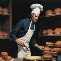 A 1970s dark fantasy artwork featuring a baker