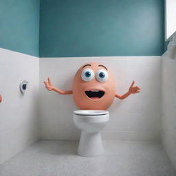 A humorous bathroom scene with a dancing, cartoonish toilet featuring eyes and limbs, performing the skibidi dance from the viral music video