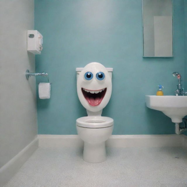 A humorous bathroom scene with a dancing, cartoonish toilet featuring eyes and limbs, performing the skibidi dance from the viral music video