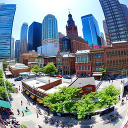 A panoramic view of various urban environments showcasing different cityscapes, including a mix of modern skyscrapers, historic buildings, and tree-lined streets