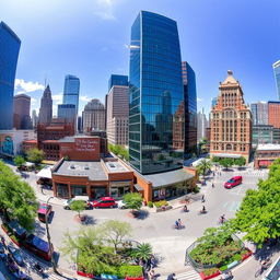 A panoramic view of various urban environments showcasing different cityscapes, including a mix of modern skyscrapers, historic buildings, and tree-lined streets