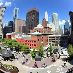 A panoramic view of various urban environments showcasing different cityscapes, including a mix of modern skyscrapers, historic buildings, and tree-lined streets