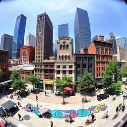 A panoramic view of various urban environments showcasing different cityscapes, including a mix of modern skyscrapers, historic buildings, and tree-lined streets