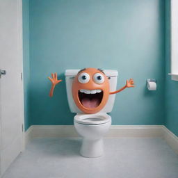 A humorous bathroom scene with a dancing, cartoonish toilet featuring eyes and limbs, performing the skibidi dance from the viral music video