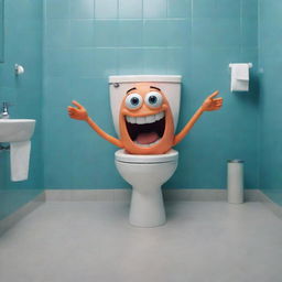 A humorous bathroom scene with a dancing, cartoonish toilet featuring eyes and limbs, performing the skibidi dance from the viral music video