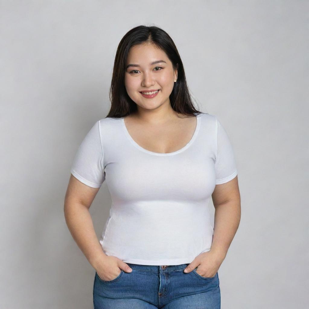 A North Asian girl with a curvy body and white skin, wearing casual attire, standing in a confident pose with a friendly smile.