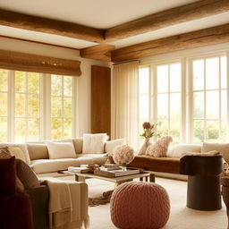 A cozy home design featuring warm tones, plush furniture, and a welcoming atmosphere.