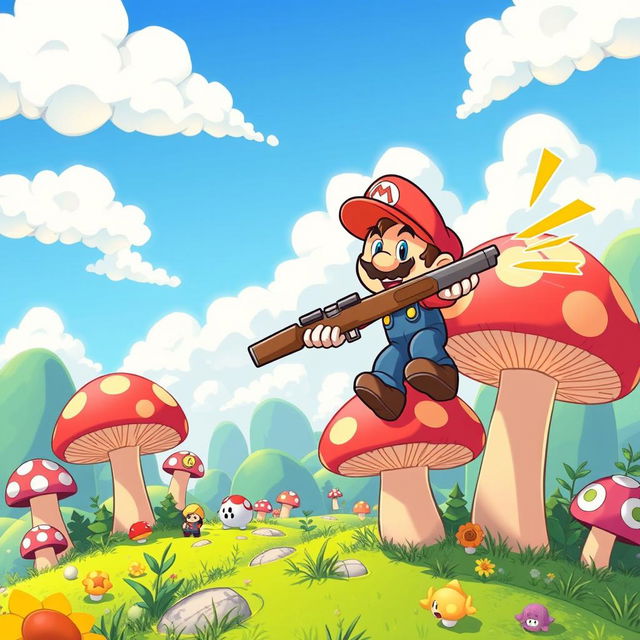 A whimsical scene depicting a character inspired by classic video game aesthetics, navigating through a whimsical and colorful world similar to that of Super Mario 64