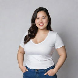 A North Asian girl with a curvy body and white skin, wearing casual attire, standing in a confident pose with a friendly smile.