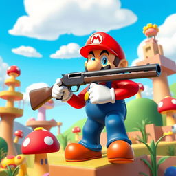 A humorous and exaggerated scene depicting a character resembling Mario from the classic video game "Super Mario 64"